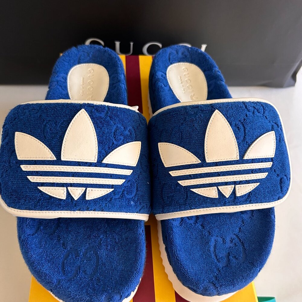 NWT men's GUCCI Adidas Collaboration Platform Sandals 702412 GG US8